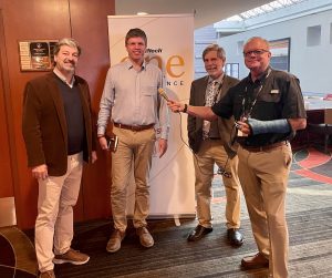 L-R: ADALBERTO ROSSI, ADRIAN BELL AND STEVE WERBLOW, OFFICERS OF THE INTERNATIONAL FEDERATION OF AGRICULTURAL JOURNALISTS, AT ONE 22 WITH CHUCK ZIMMERMAN